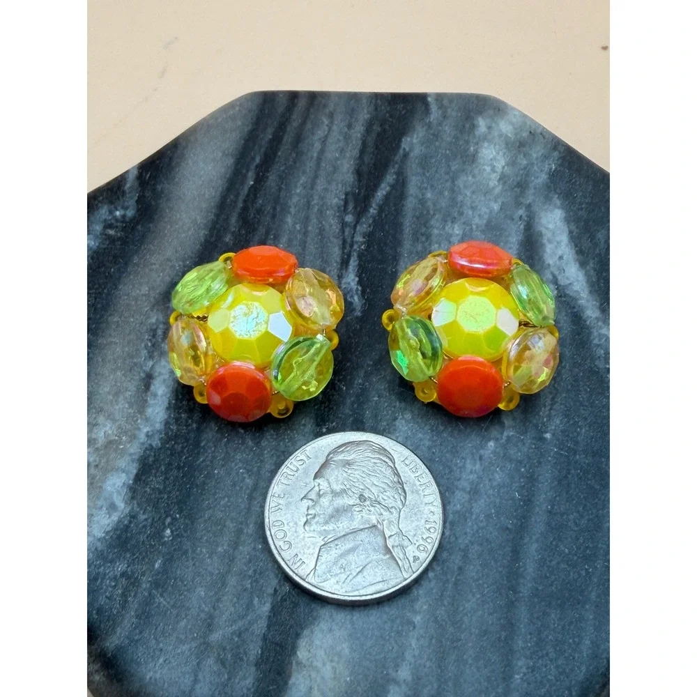 Vintage Western Germany‎ Beaded Clip On Earrings Yellow Green Orange AB Glass